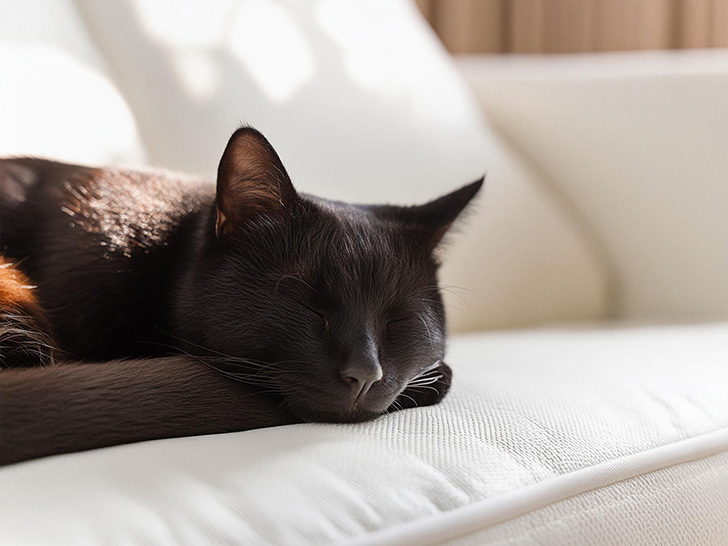 白いソファで気持ちよさそうに昼寝する黒い猫