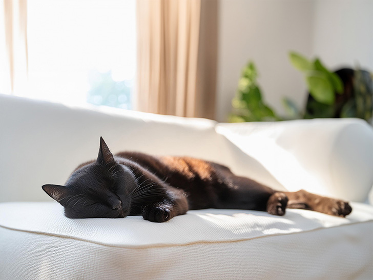 白いソファで気持ちよさそうに昼寝する黒い猫