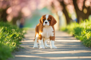 春の小道に立つかわいいキャバリエの子犬