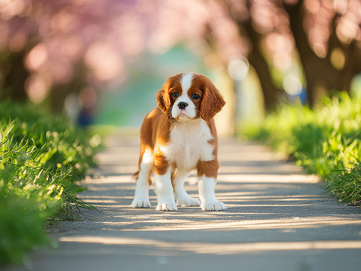 春の小道に立つかわいいキャバリエの子犬