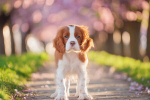 春の小道に立つかわいいキャバリエの子犬