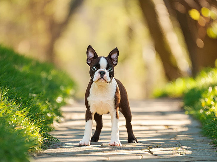 春の小道に立つかわいいボストンテリアの子犬