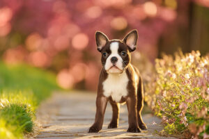 春の小道に立つかわいいボストンテリアの子犬