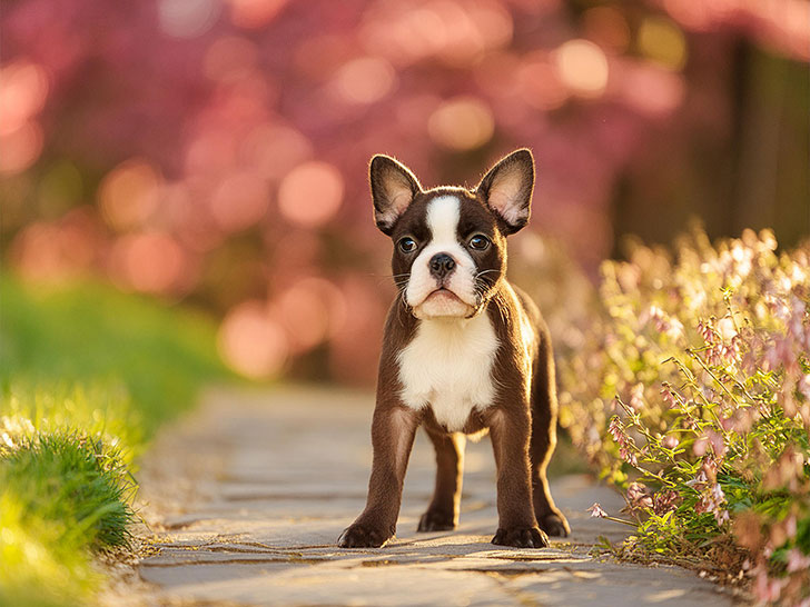 春の小道に立つかわいいボストンテリアの子犬