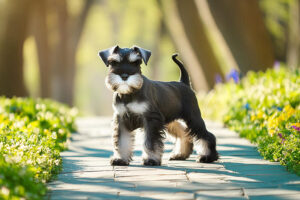 春の小道に立つかわいいシュナウザーの子犬