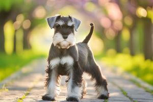 春の小道に立つかわいいシュナウザーの子犬