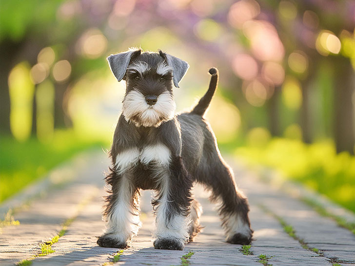 春の小道に立つかわいいシュナウザーの子犬