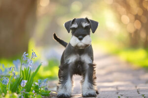 春の小道に立つかわいいシュナウザーの子犬