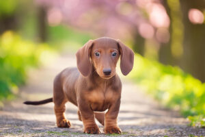 春の小道に立つかわいいミニチュアダックスの子犬