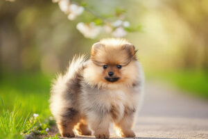 春の小道に立つかわいいポメラニアンの子犬