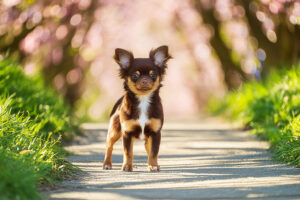 春の小道に立つかわいいチワワの子犬