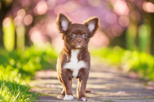 春の小道に立つかわいいチワワの子犬