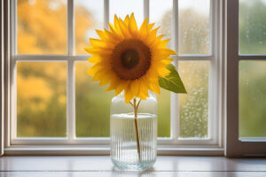 窓辺に飾られた一輪のヒマワリの花