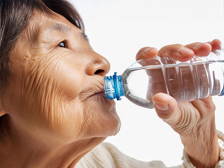 ペットボトルから水を飲む高齢の女性