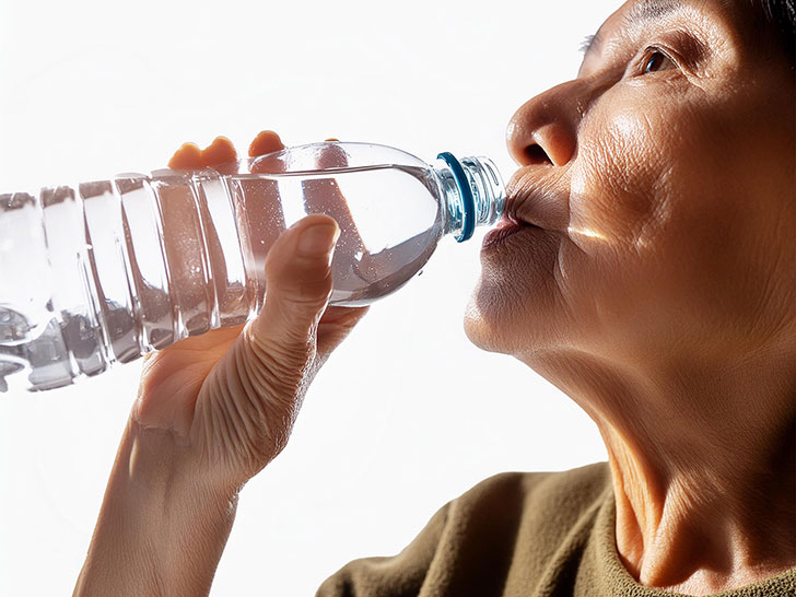 ペットボトルから水を飲む高齢の女性