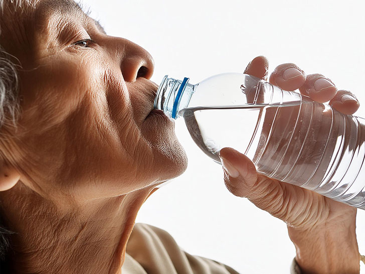 ペットボトルから水を飲む高齢の女性