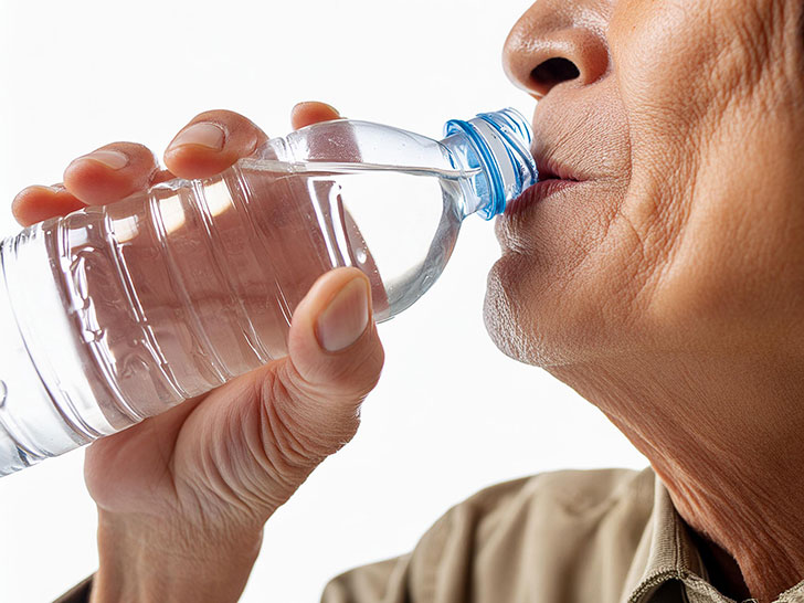 ペットボトルから水を飲む高齢の男性