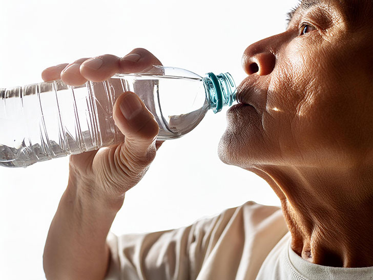 ペットボトルから水を飲む高齢の男性