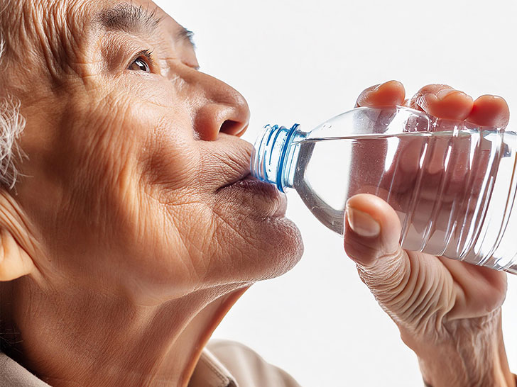 ペットボトルから水を飲む高齢の男性