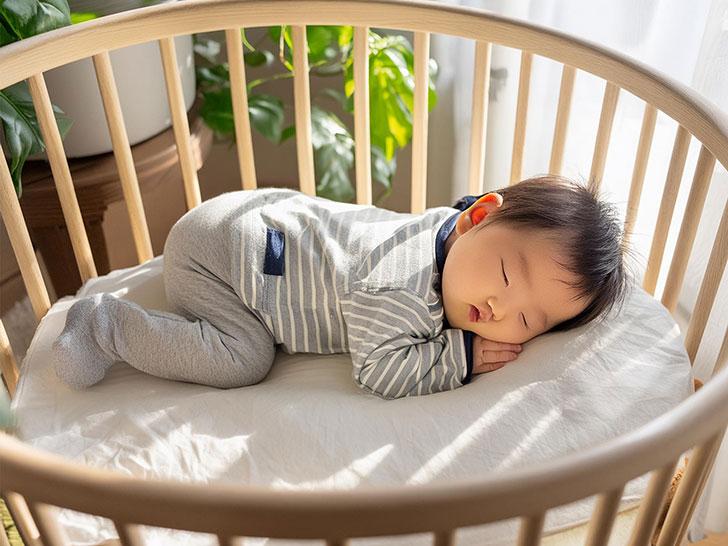 ベビーベッドでスヤスヤ眠るかわいい赤ちゃん