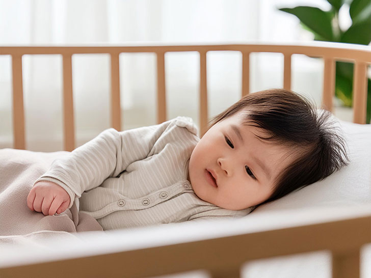 ベビーベッドでスヤスヤ眠るかわいい赤ちゃん