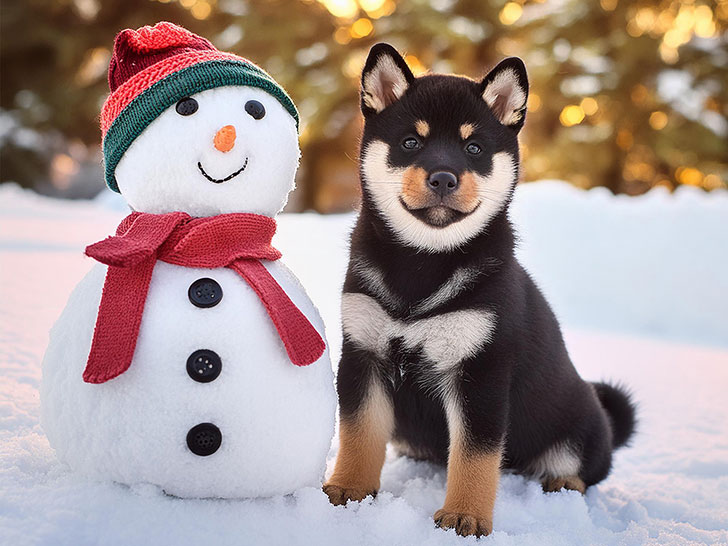 雪だるまと並んで座るかわいい黒柴の子犬