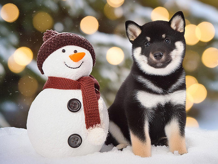 雪だるまと並んで座るかわいい黒柴の子犬