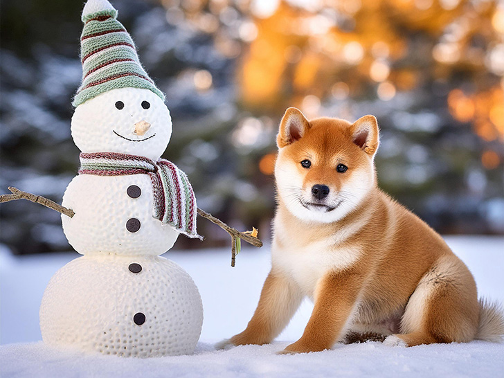 雪だるまと並んで座るかわいい柴犬の子犬