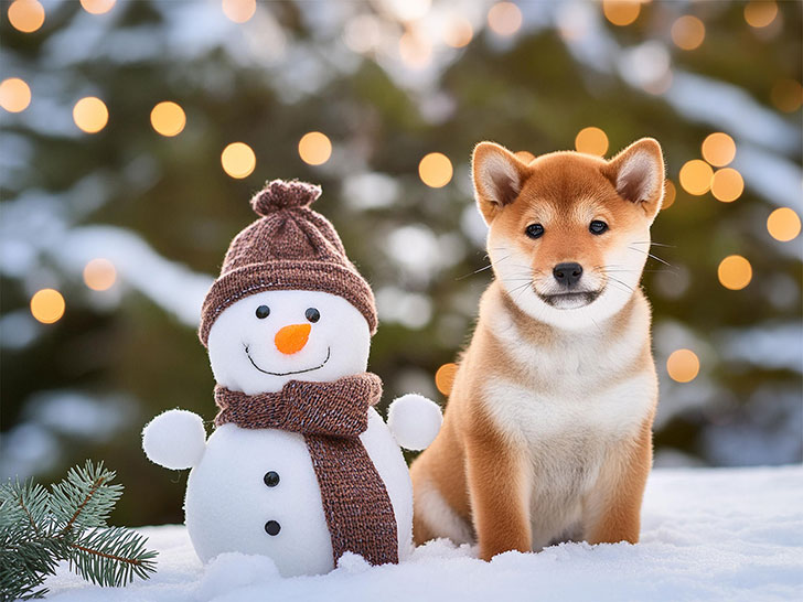 雪だるまと並んで座るかわいい柴犬の子犬