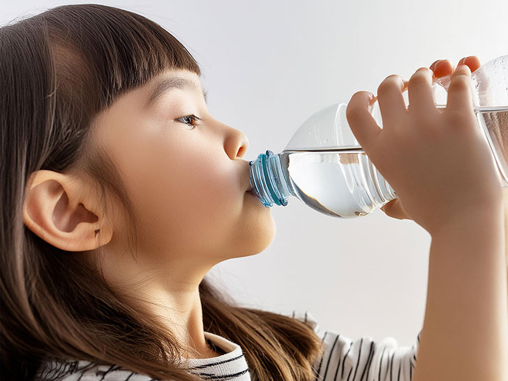 ペットボトルから水を飲む女の子