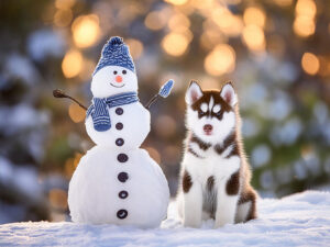 雪だるまと並んで座るかわいいハスキーの子犬