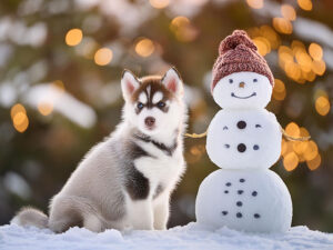 雪だるまと並んで座るかわいいハスキーの子犬