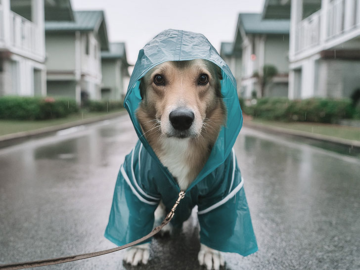 レインコートを着て雨の中を散歩する犬