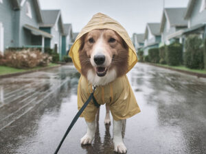 レインコートを着て雨の中を散歩する犬