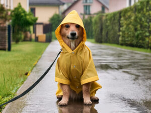 レインコートを着て雨の中を散歩する犬