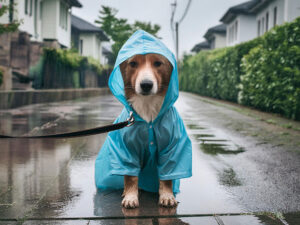 レインコートを着て雨の中を散歩する犬