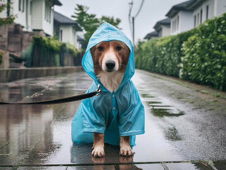 レインコートを着て雨の中を散歩する犬