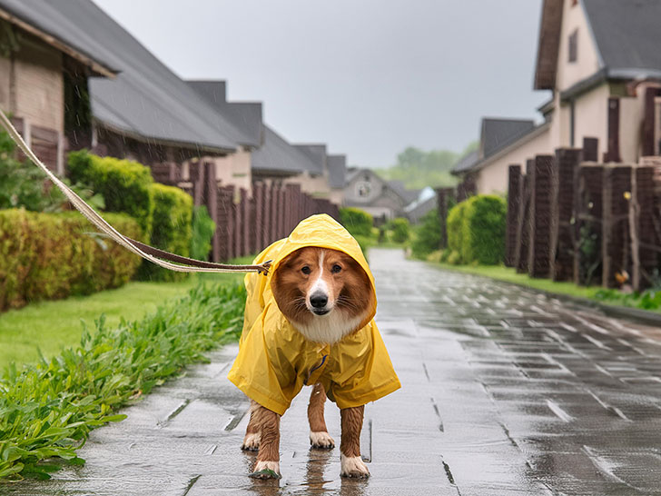 レインコートを着て雨の中を散歩する犬