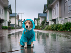 レインコートを着て雨の中を散歩する犬