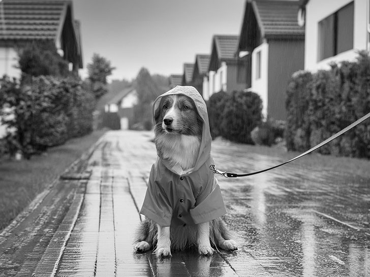 レインコートを着て雨の中を散歩する犬