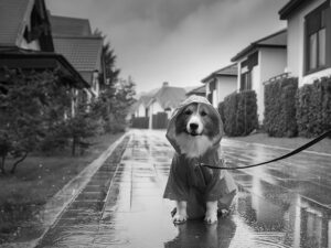 レインコートを着て雨の中を散歩する犬