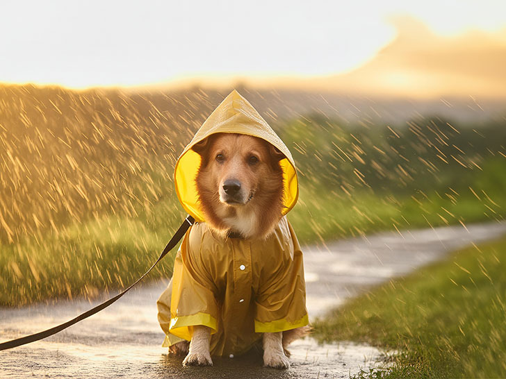 レインコートを着て雨の中を散歩する犬