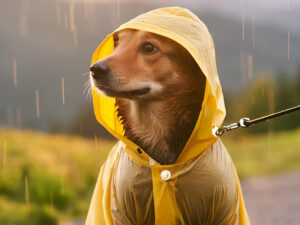 レインコートを着て雨の中を散歩する犬