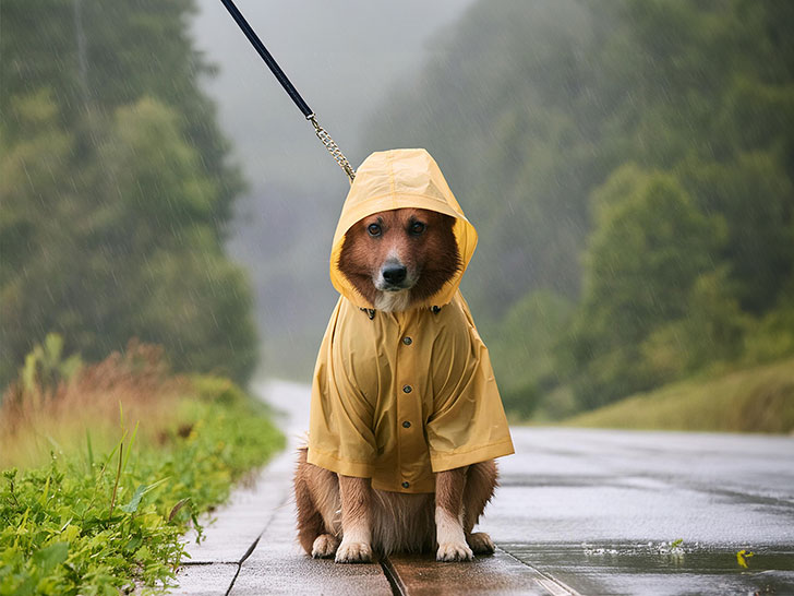 レインコートを着て雨の中を散歩する犬