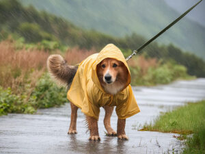 レインコートを着て雨の中を散歩する犬