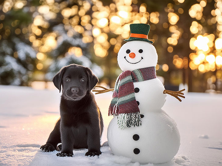 雪だるまと並んで座るかわいい黒ラブの子犬