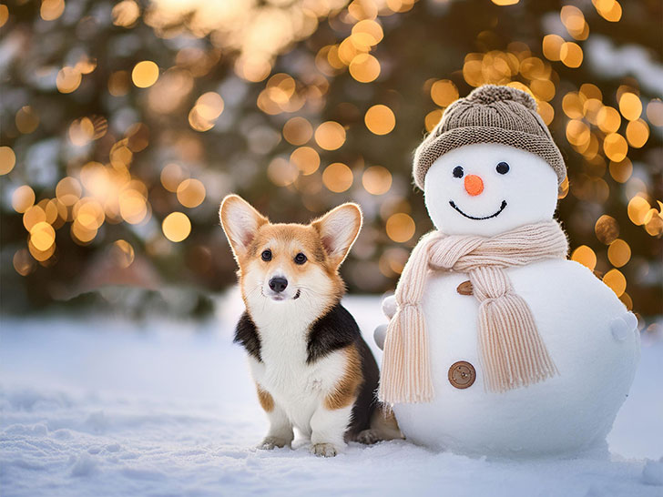 雪だるまと並んで座るかわいいコーギーの子犬