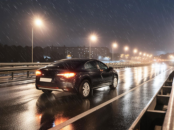 雨の道路を走る黒い車