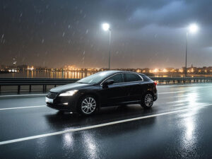 雨の道路を走る黒い車