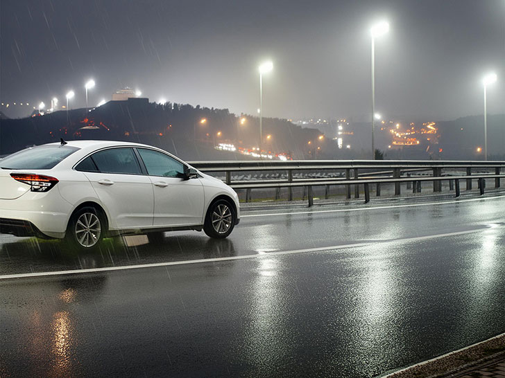 雨の道路を走る白い車